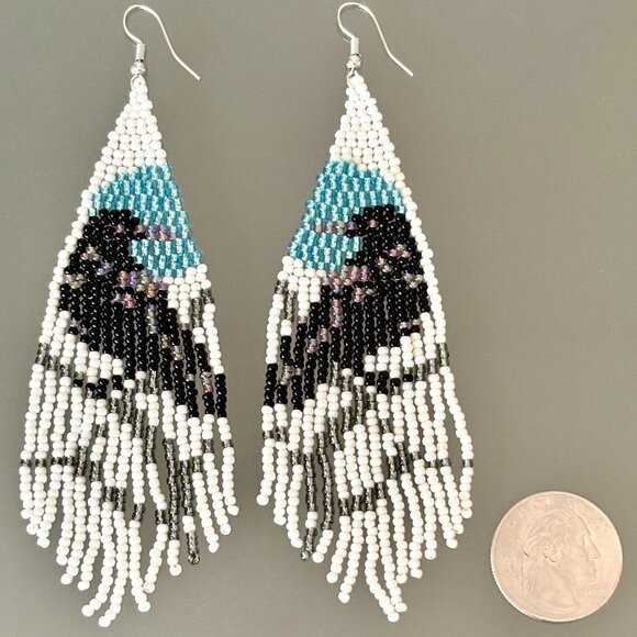 Hand Beaded Black Raven Crow on Branch Seed Bead Tasseled Dangle Earrings New - Picture 5 of 5
